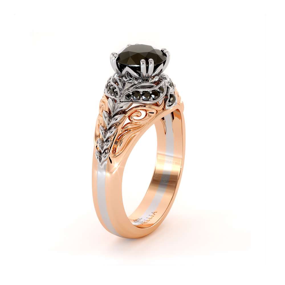 Black Diamond Engagement Ring 14K White & Rose Gold Ring Halo Engagement Ring